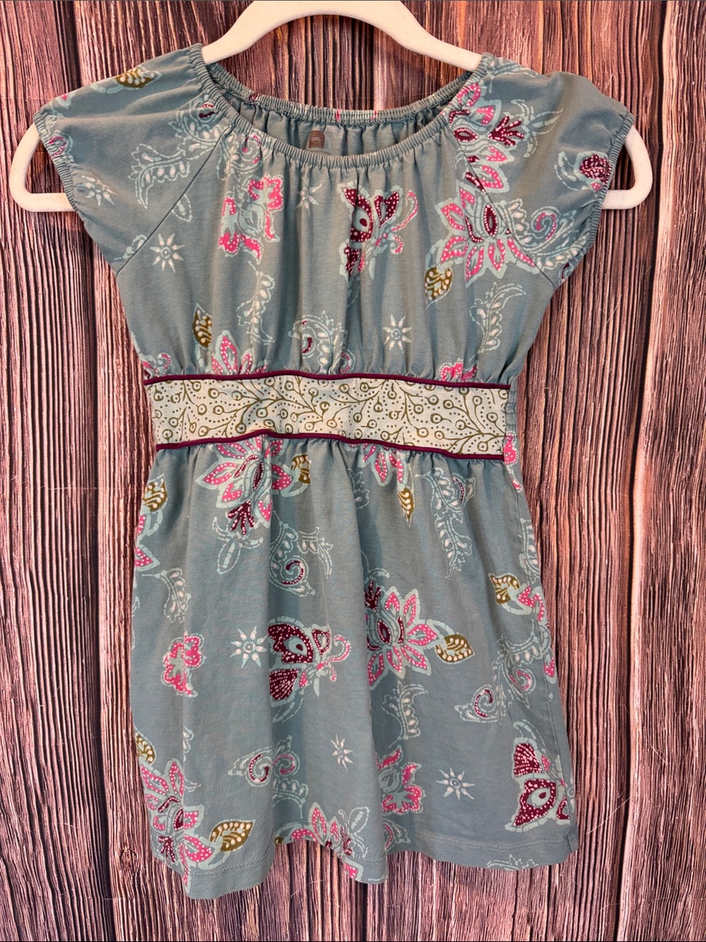 Tea Collection Blue Floral Cotton Dress with Pink and Gold Accents